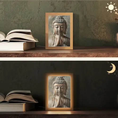 Boedha - Beeld - Bruin - Rust Light Box met kabel (Tafellamp) klein -sfeer3