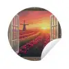 Doorkijk - Tulpen - Zonsondergang - Bloemen - Kleurrijk Wandcirkel tuinposter met ringen klein -3d