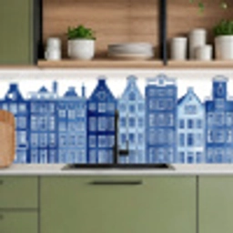 Aquarel - Grachtenpanden - Delfts - Blauw keuken achterwand 2 middel -sfeer3