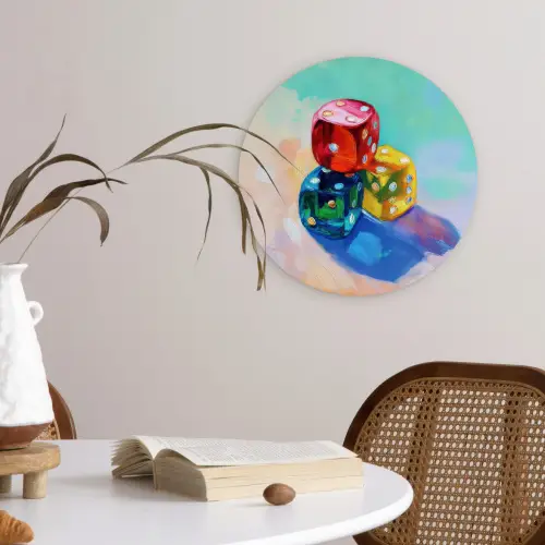 Dobbelstenen - Kleurrijk - Getallen - Stipjes Wandcirkel plexiglas klein -sfeer4