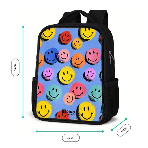 Een speels en kunstzinnig patroon van kleurrijke smileys Rugzak - Zwart middel -productfoto_formaten