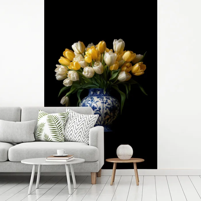 Geel - Tulpen - Vaas - Bloemen fotobehang vinyl groot -woonkamer