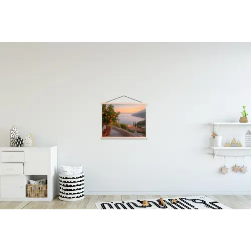 Middelandse zee - Sinaasappel - Heuvels - Zee textielposter latten blank klein -kinderkamer