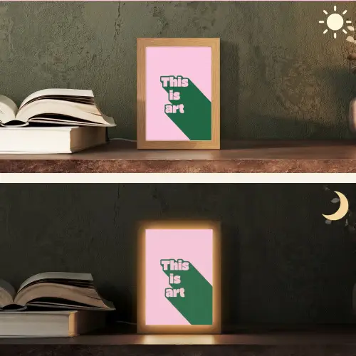 Groen - Teskt - This is art - Roze Light Box met kabel (Tafellamp) klein -sfeer3
