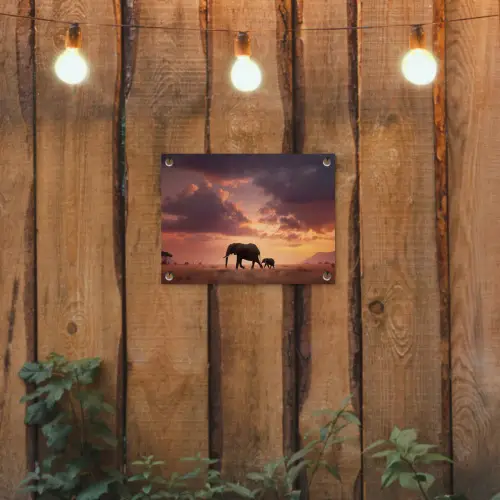 Olifanten - Grasland - Zonsondergang tuinposter los doek klein -sfeer1