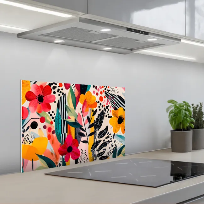 Bloemen - Bladeren - Abstract - Kleurrijk keuken achterwand spatscherm klein -3d_schuin