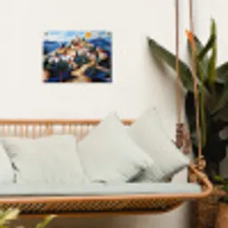 Dorp - Heuvelachtig - Zon - Mozaïek tuinposter los doek klein -sfeer7