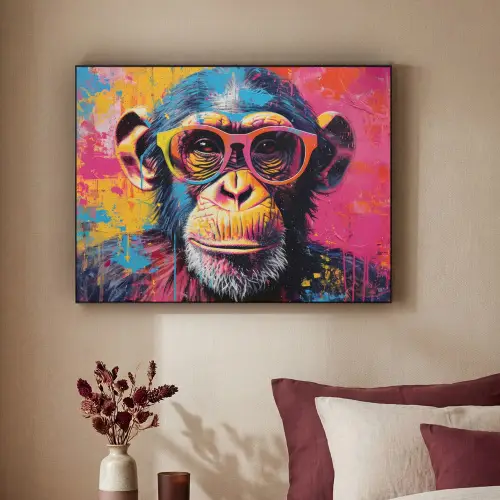 Graffiti - Chimpansee - Aap - Bril - Kleurrijk Textielframe zwart klein -sfeer1