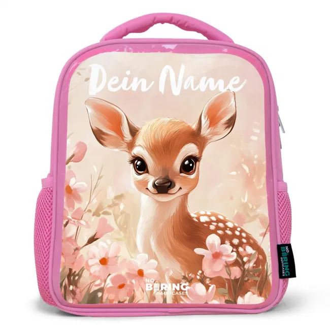 Kinderrucksack mit Name - Rosa - Hirsche - Blumen - Punkte - Rosa