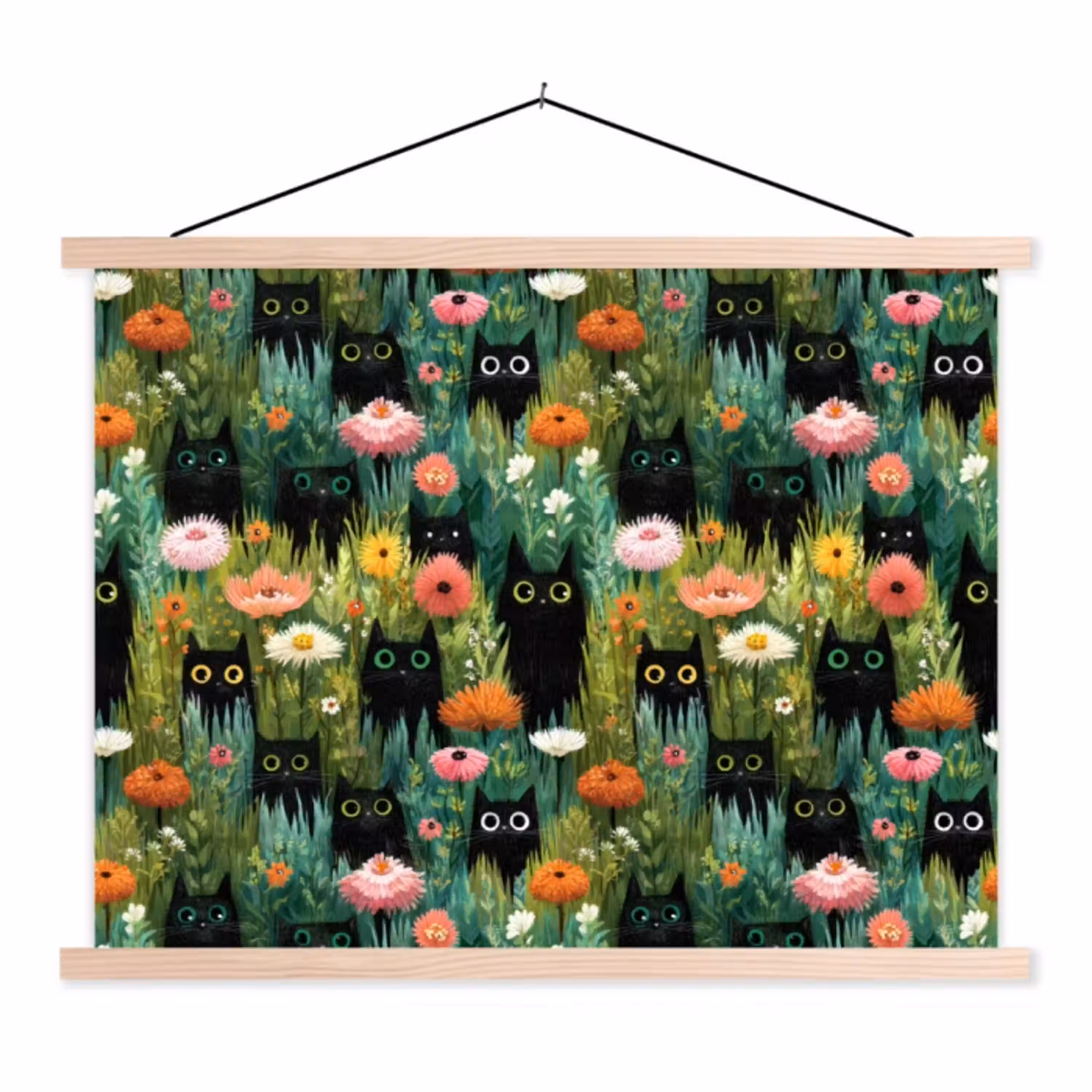 Katten - Bloemen - Kleurrijk textielposter latten blank klein 122 -3d