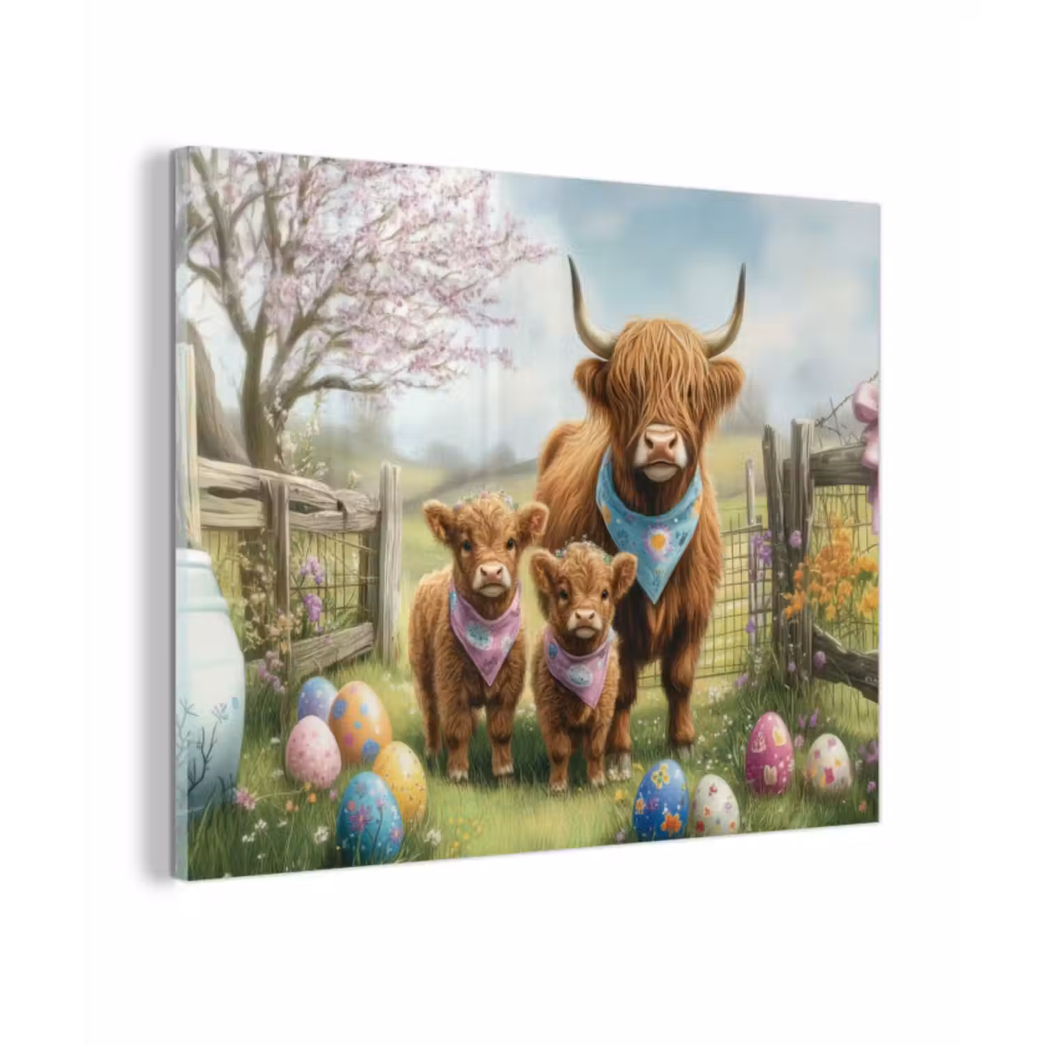 Glas schilderij - Schotsehooglanders - Paaseieren - Lente