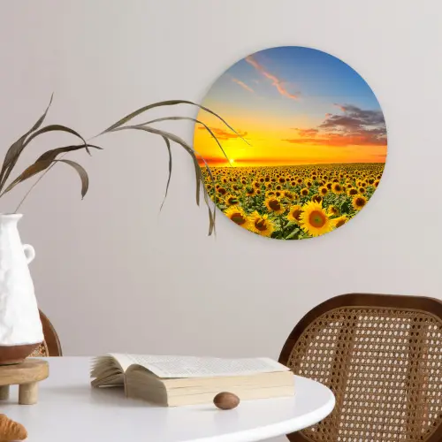 Bloemen - Zonnebloem - Zonsondergang - Nacht - Oranje Wandcirkel kunststof plaat 5mm dik klein -sfeer4