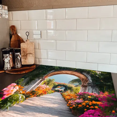 Doorkijk - Bloemen - Tropisch - Kleurrijk Inductie beschermer vinyl 3mm middel -sfeer3