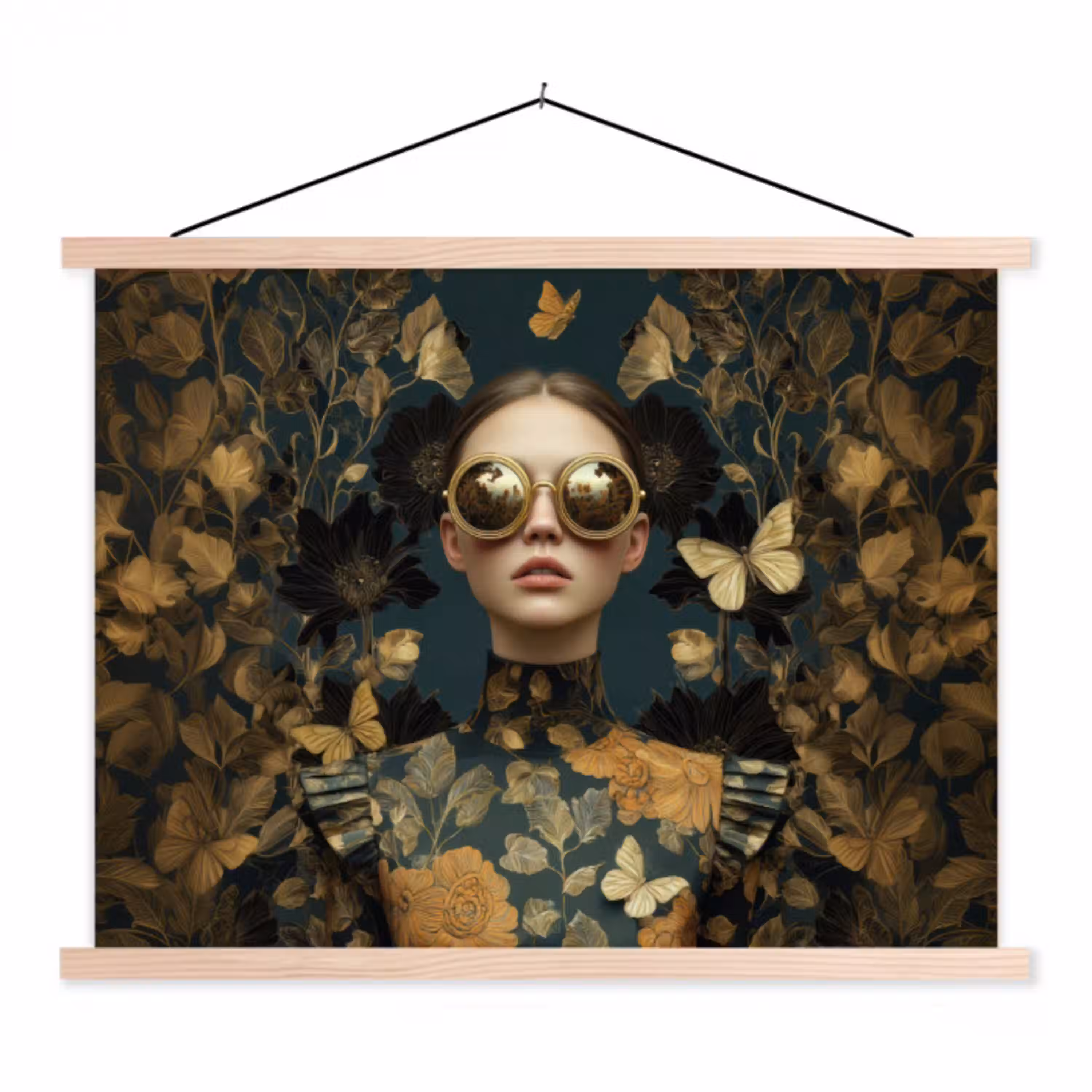 Vrouw - Bladeren - Goud - Vlinders textielposter latten blank klein -3d