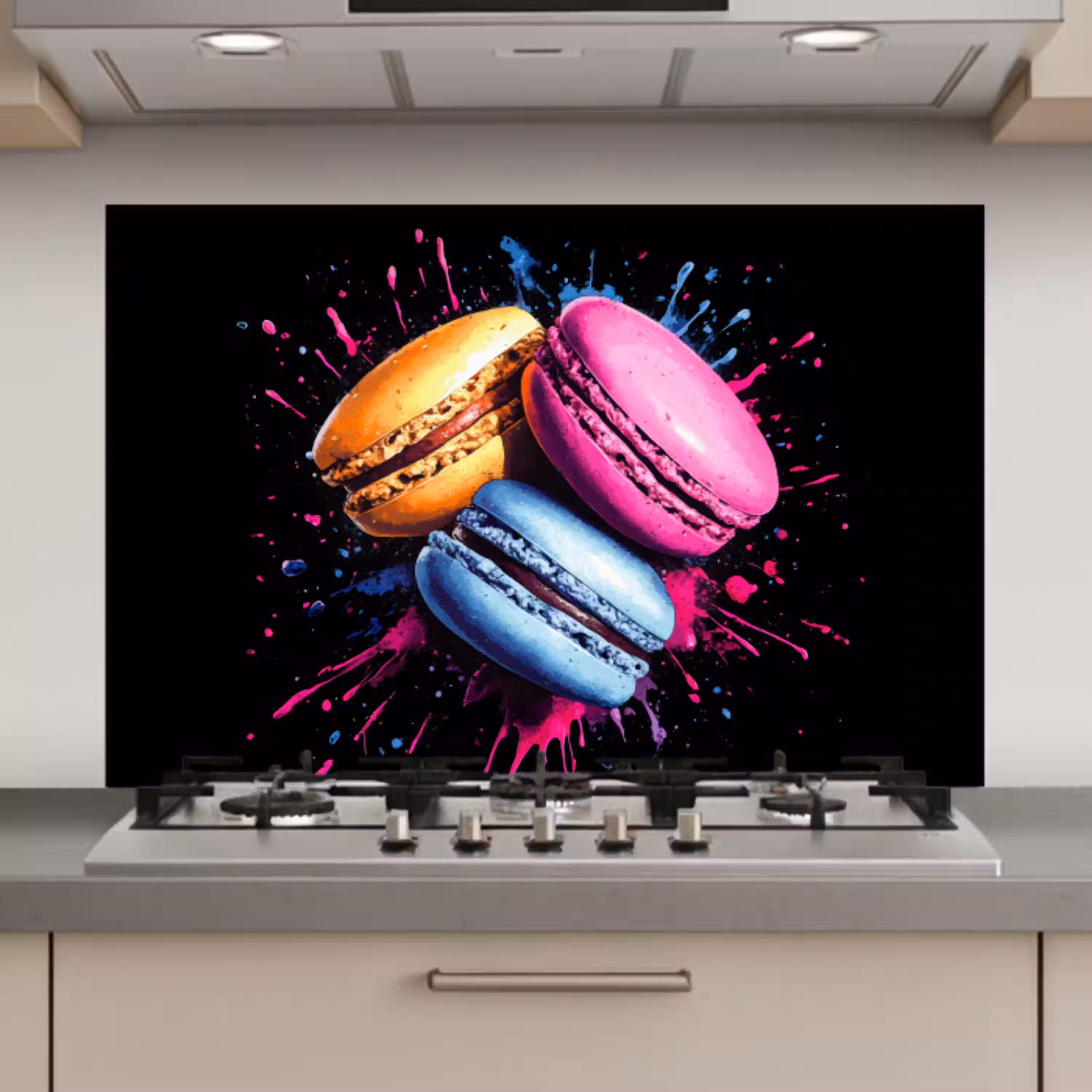 Macarons - Dessert - Graffiti - Kleurrijk - Roze - Blauw - Geel keuken achterwand spatscherm klein -3d_website