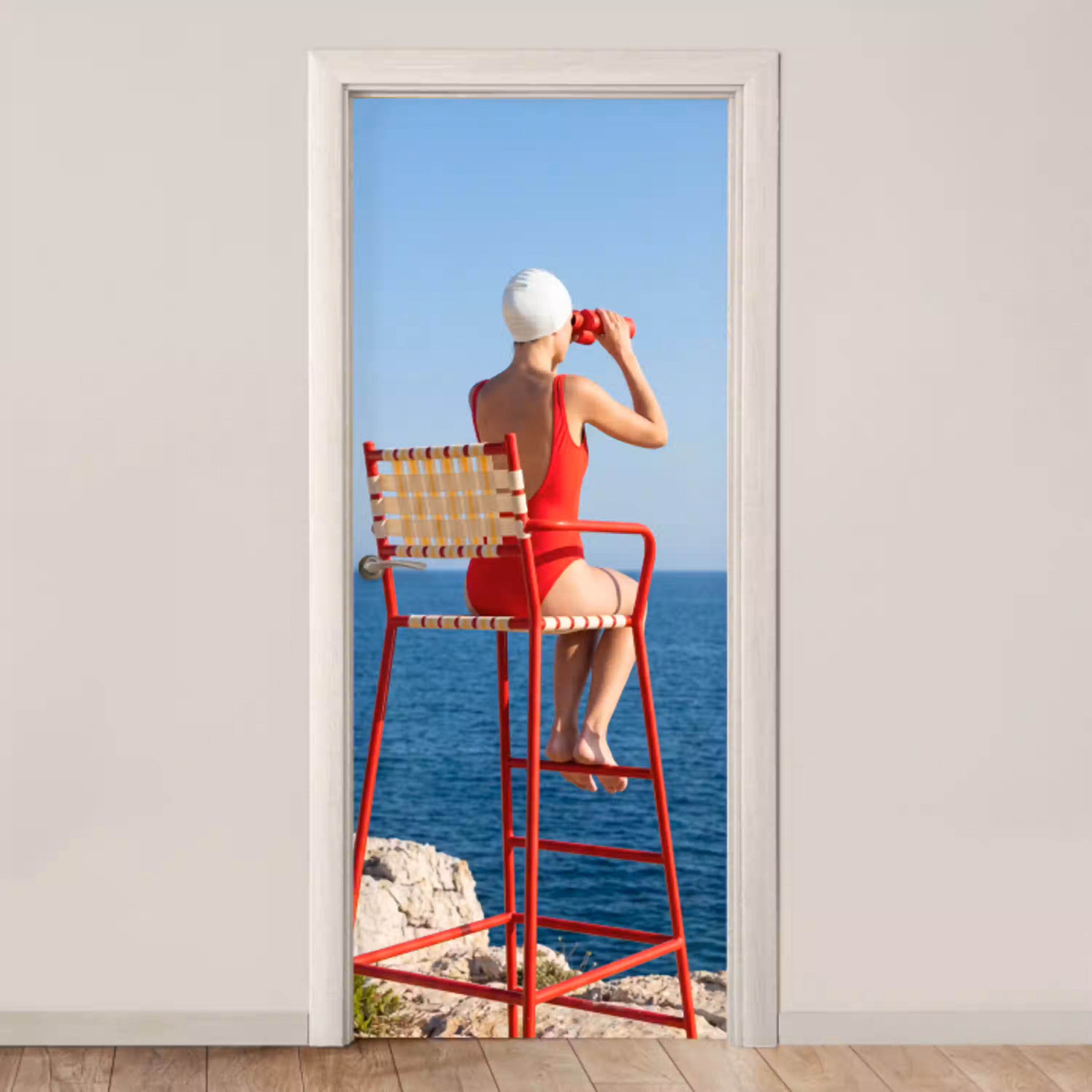 Vrouw - Zee - Kust - Verrekijker - Rood deurposter klein -3d_beige
