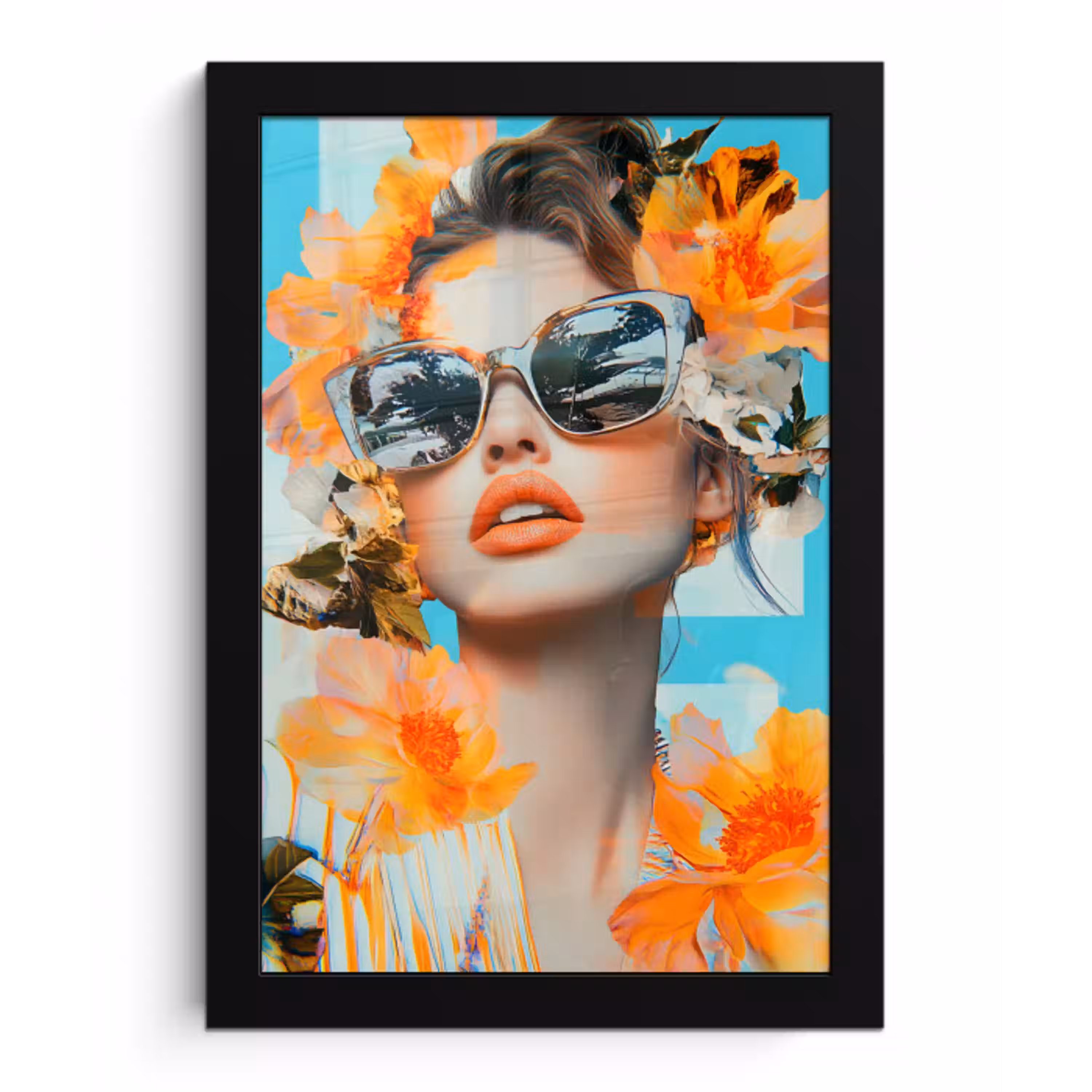Bloemen - Vrouw - Zonnebril - Blauw fotolijst zwart zonder passe partout klein -3d