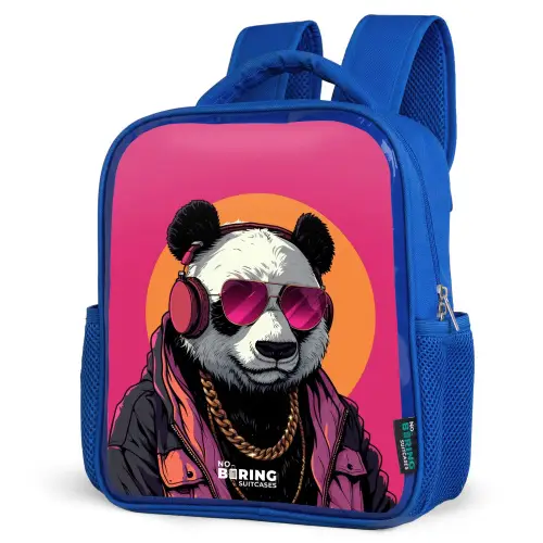Panda met Koptelefoon, Zonnebril en Gouden Ketting Kinderrugzak - Blauw middel -schuin