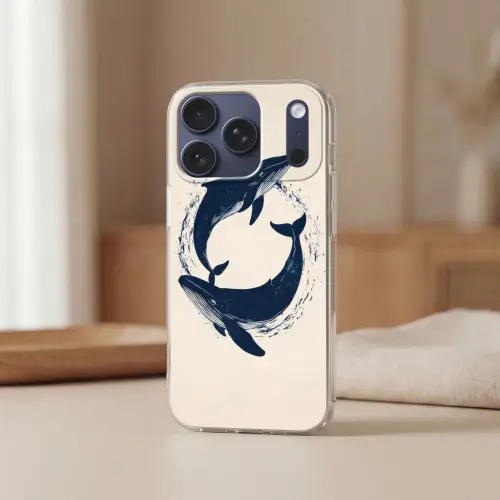 Walvissen - Spetters - Cirkel - Donkerblauw Telefoonhoesje iPhone 17 Pro klein -sfeer2