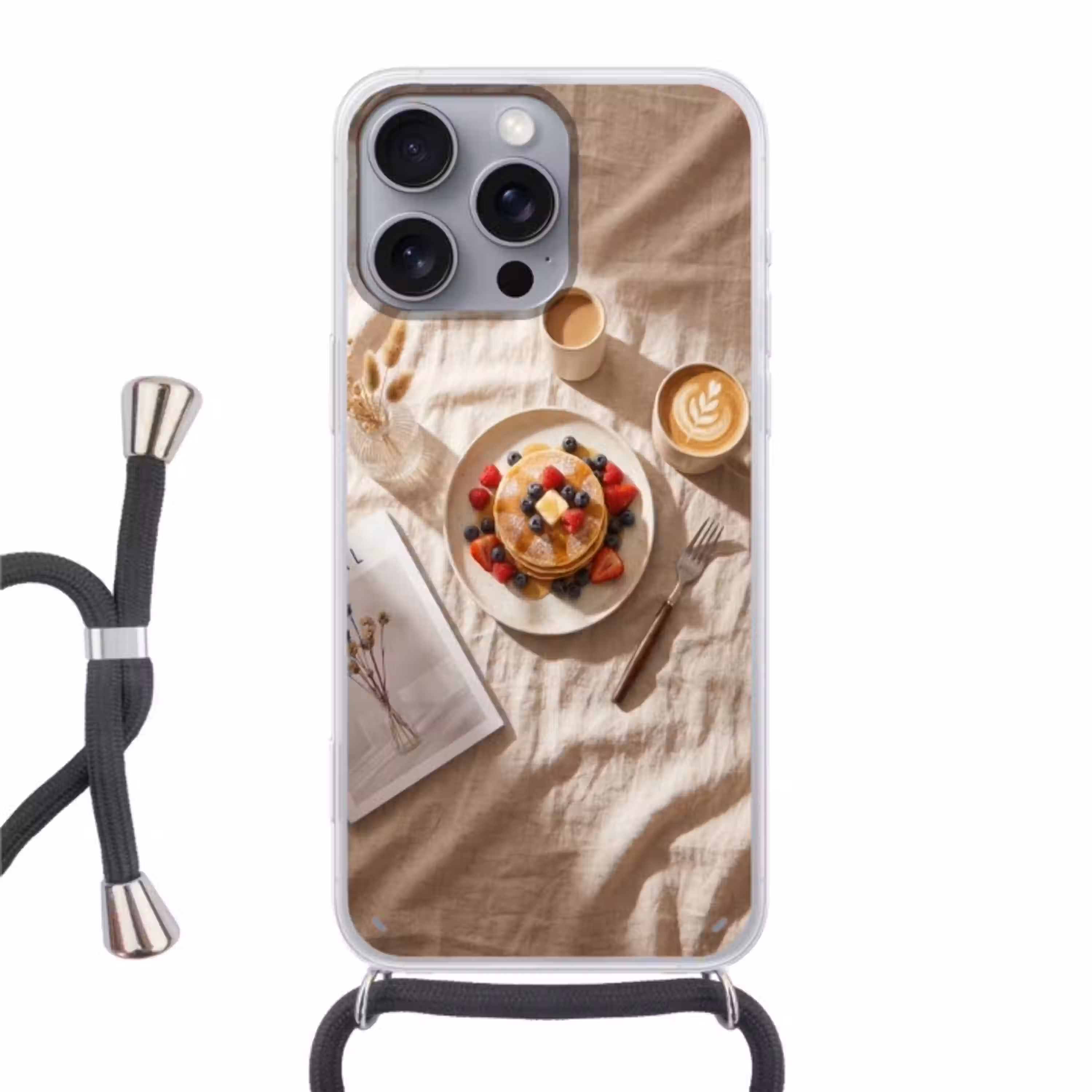 Pannenkoeken - Bessen - Ontbijt - Modern - Beige Hoesje iPhone 16 Pro Max met koord klein -3d