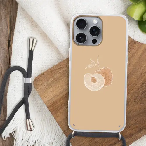 Perzik - Lijntekening - Pit - Beige Hoesje iPhone 16 Pro Max met koord klein -sfeer4