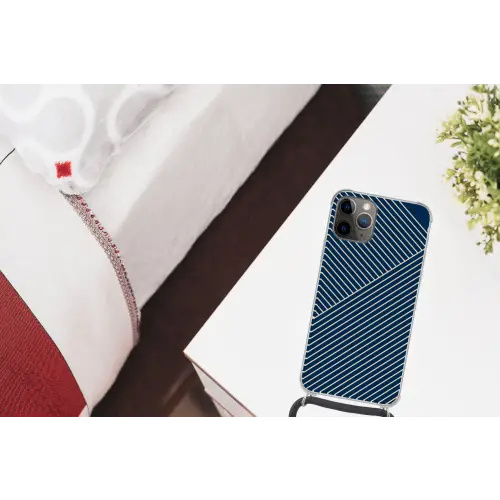 Lijnen - Abstract - Blauw - Wit - Minimalistisch Hoesje iPhone 12 Pro met koord klein -kamer