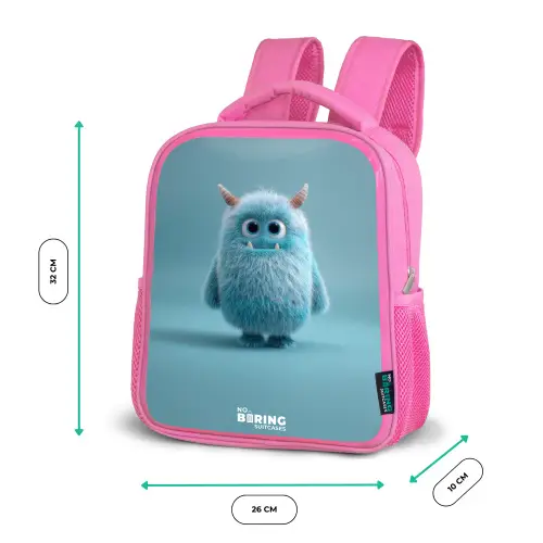 Blauw pluizig monster met hoorns Kinderrugzak - Roze middel -productfoto_formaten