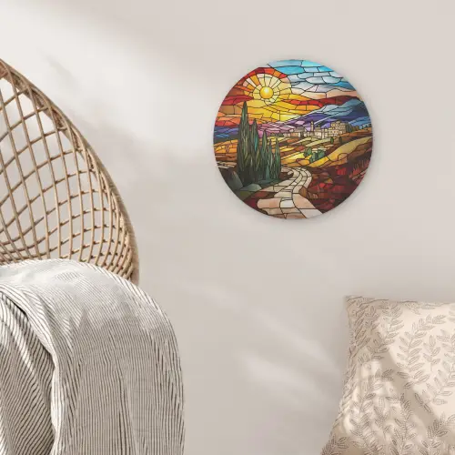 Mozaïek - Zon - Landschap - Dorp Akoestische PET Vilt - Rond klein -sfeer4