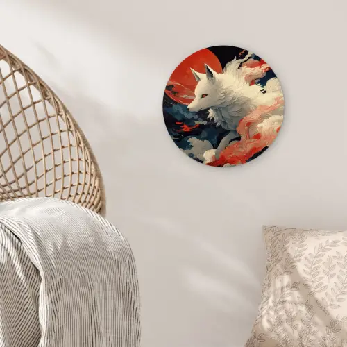 Witte vos - wolken - maan Wandcirkel kunststof plaat 5mm dik klein -sfeer5