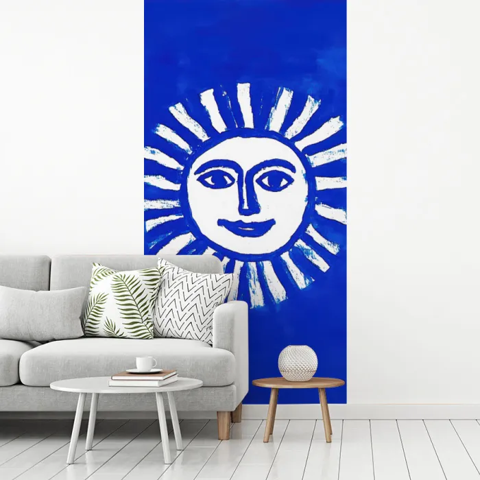 Zon - Gezicht - Penseelstructuur - Blauw fotobehang vinyl groot -woonkamer