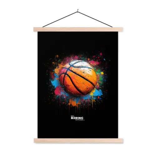 Oranje basketbal te midden van verfspetters textielposter latten blank klein -3d