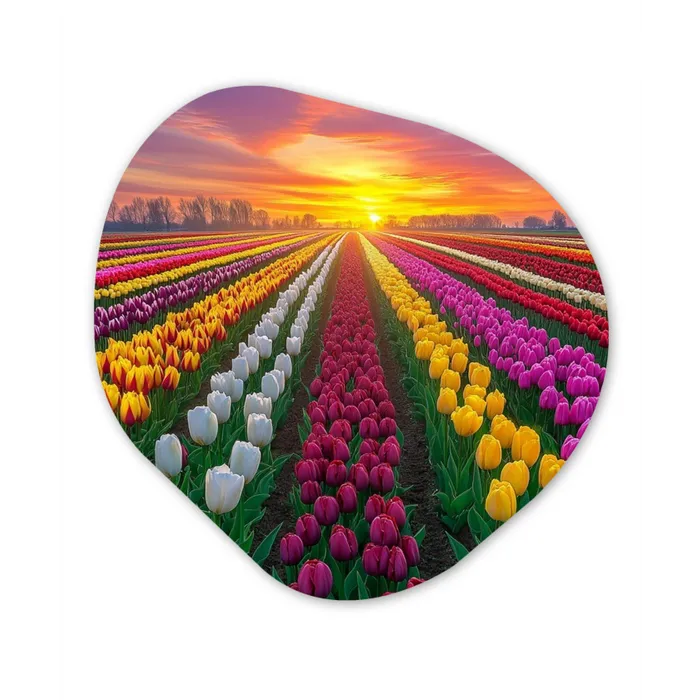 Tulpenveld - Zonsondergang - Kleurrijk Wandcirkel Organisch Aluminium middel -3d