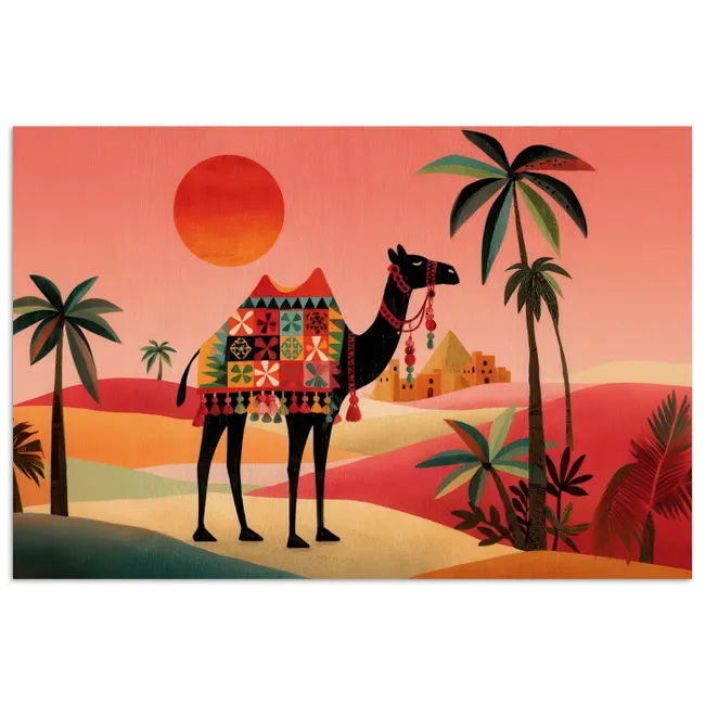 Poster - Kameel - Gekleurd tapijt - Duinen - Rode zon