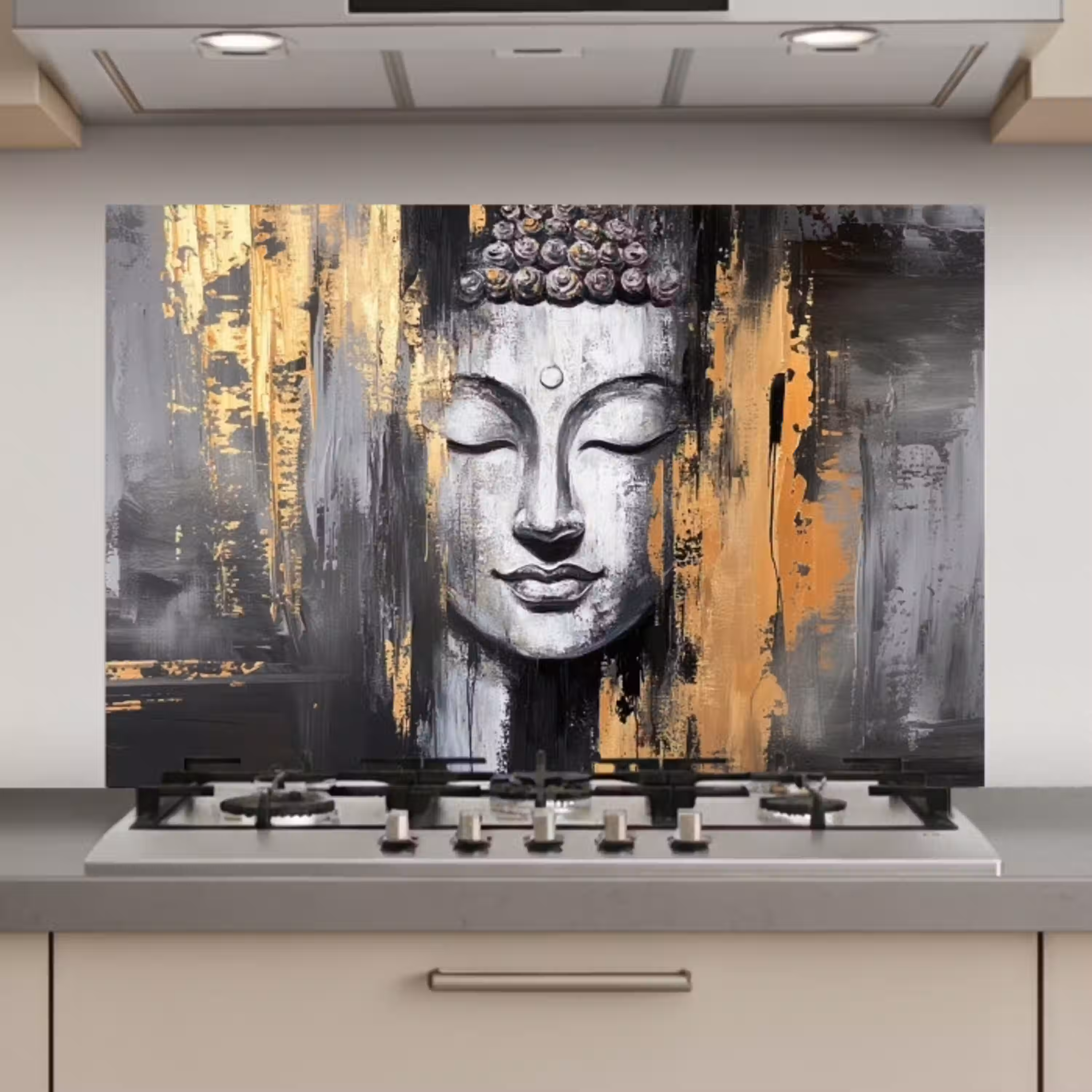Boedhha - Penseelstreken - Goud - Abstract keuken achterwand spatscherm klein -3d_website