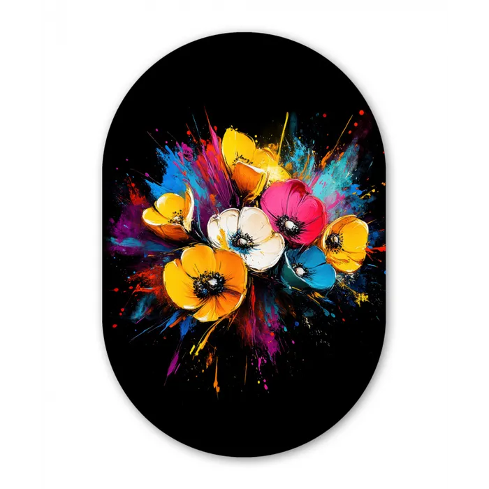 Bloemen - Kleurrijk - Graffiti - Modern - Boeket Wandcirkel Ovaal Glas middel -3d