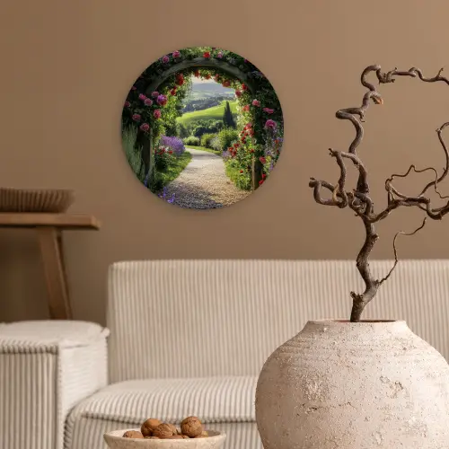 Doorkijk - Tuinboog - Bloemen - Natuur - Pad Wandcirkel plexiglas klein -sfeer1