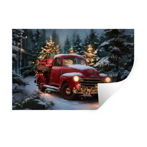 Kersttruck - Sneeuwbos - Rood Muursticker klein -3d