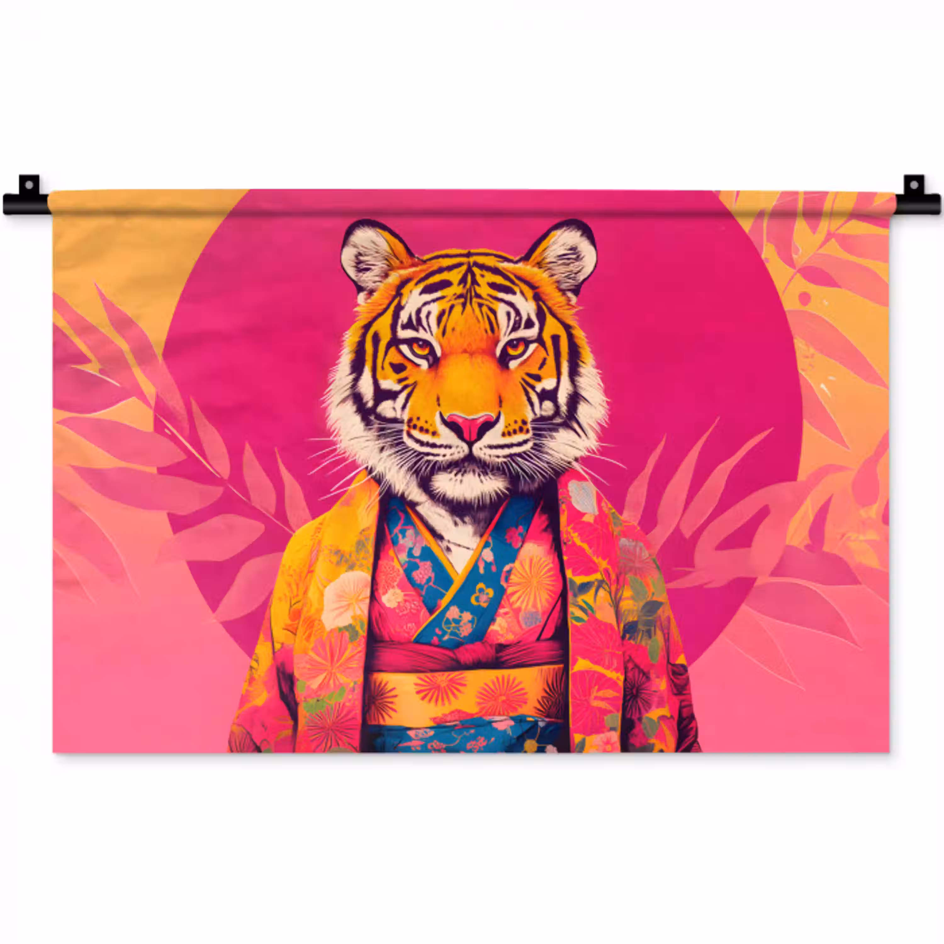 Tijger - Kimono - Planten - Roze Wandkleed katoen klein -zz3d