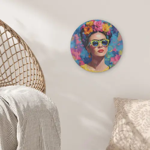 Vrolijk portret - Vrouw - Bloemenkroon Akoestische PET Vilt - Rond klein -sfeer4