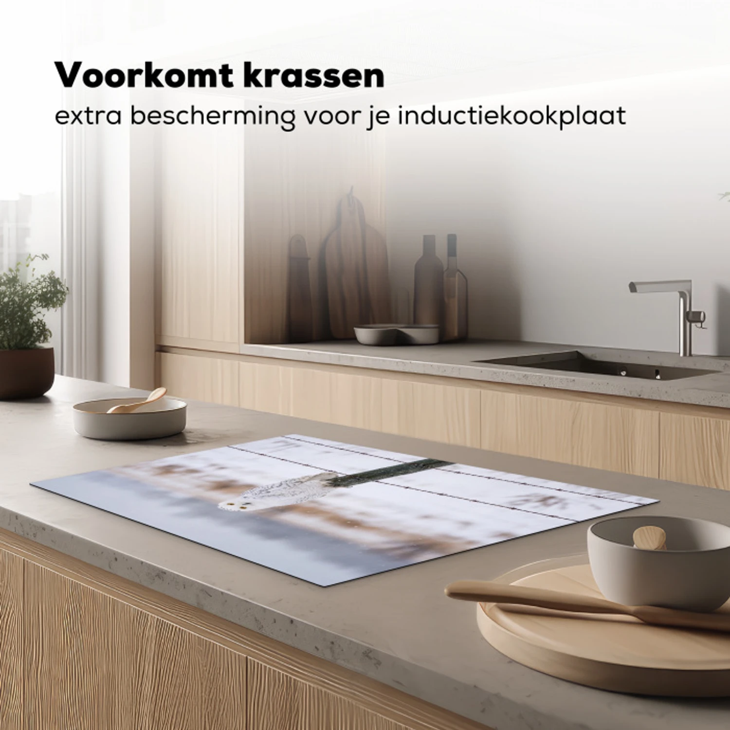 Sneeuwuil - Hek - Sneeuw - Wit Inductie beschermer vinyl 3mm klein -sfeer1
