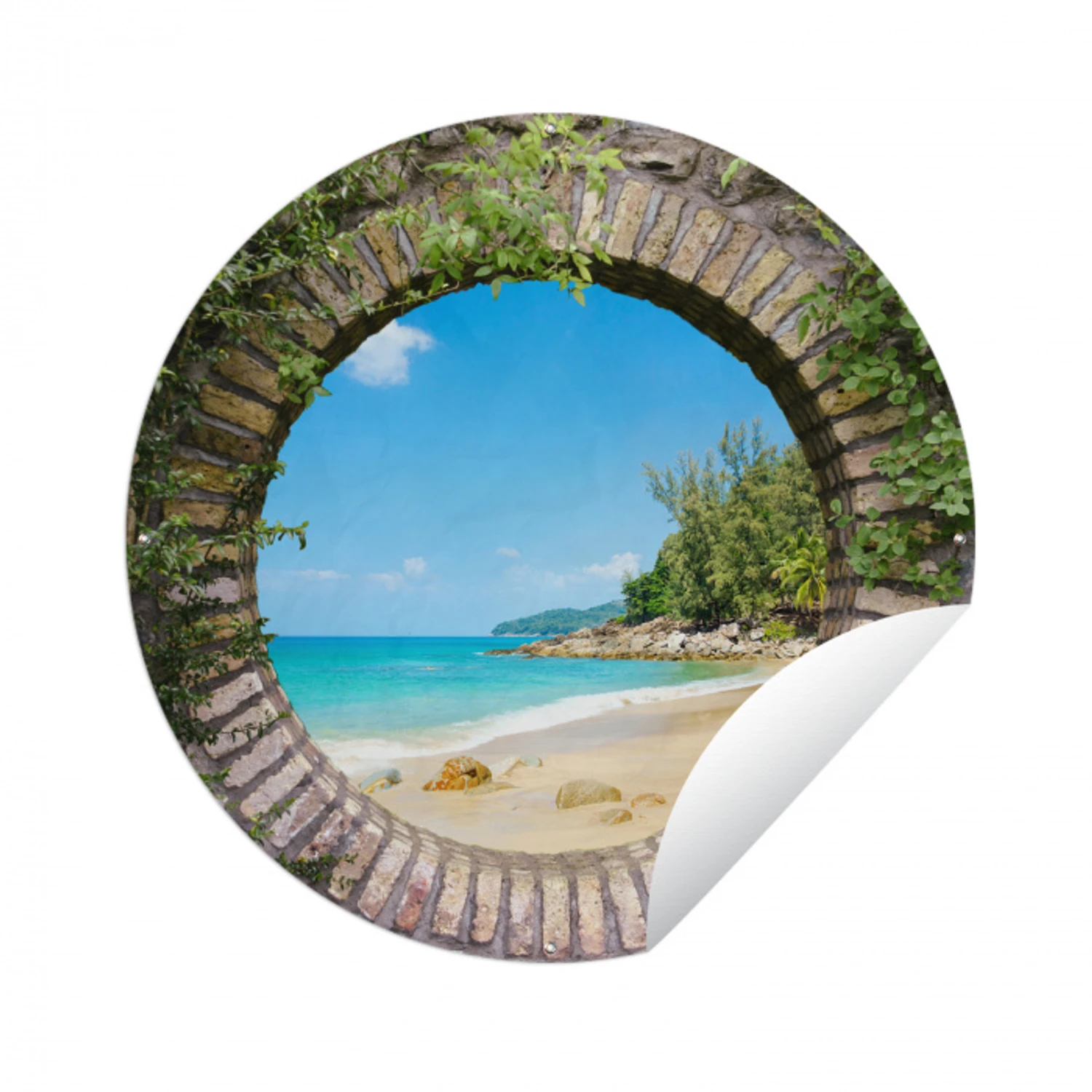 Strand - Zee - Doorkijk - Zomer Wandcirkel tuinposter met ringen klein -3d