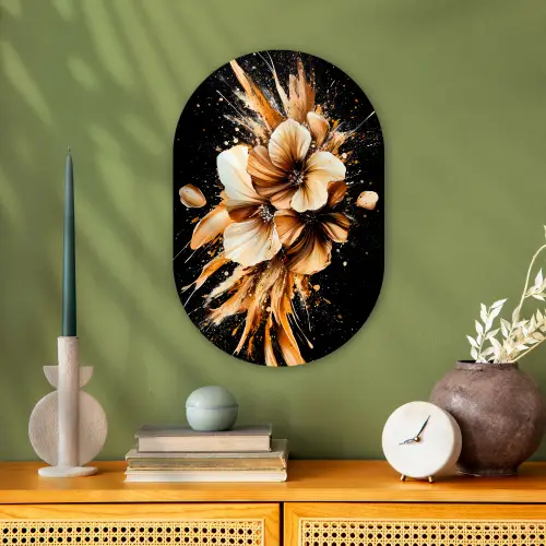 Bloemen - Goud - Graffiti - Zwart - Abstract Wandcirkel Ovaal Forex klein -sfeer2