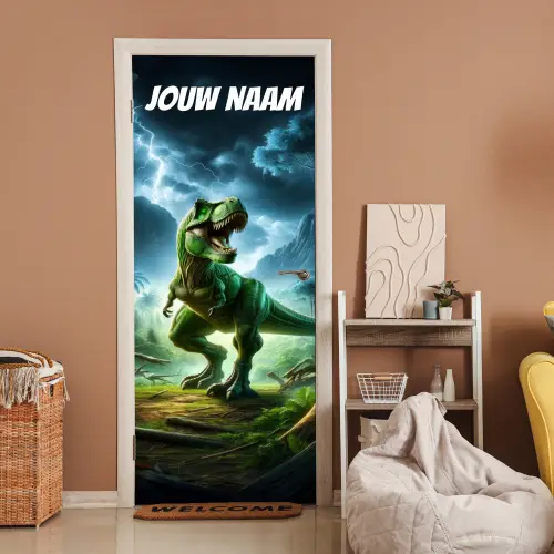 Stoere T-rex in jungle met bliksem en de tekst “Deze kamer is van: jouw naam”. deurposter klein -sfeer1