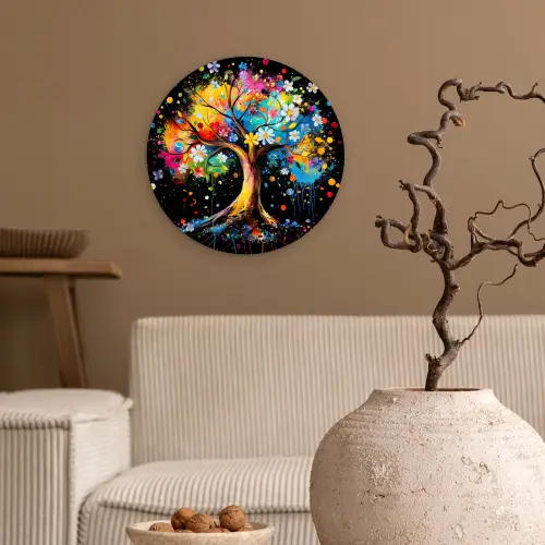 Boom - Kleurrijk - Bloemen - Zwart Wandcirkel kunststof plaat 5mm dik klein -sfeer1