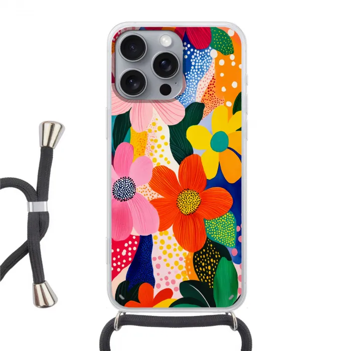 Bloemen - Kleurrijk - Stippen Hoesje iPhone 16 Pro Max met koord klein -3d