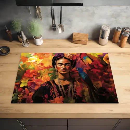 Vrouw - Bloemen - Papegaai - Schilderachtig Inductie beschermer vinyl 3mm klein -sfeer5