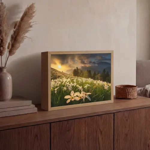 Bloemenveld - Heuvels - Zonsondergang - Berg - Natuur - Wit - Heuvels Light Box met batterij (Wandlamp) middel -sfeer2