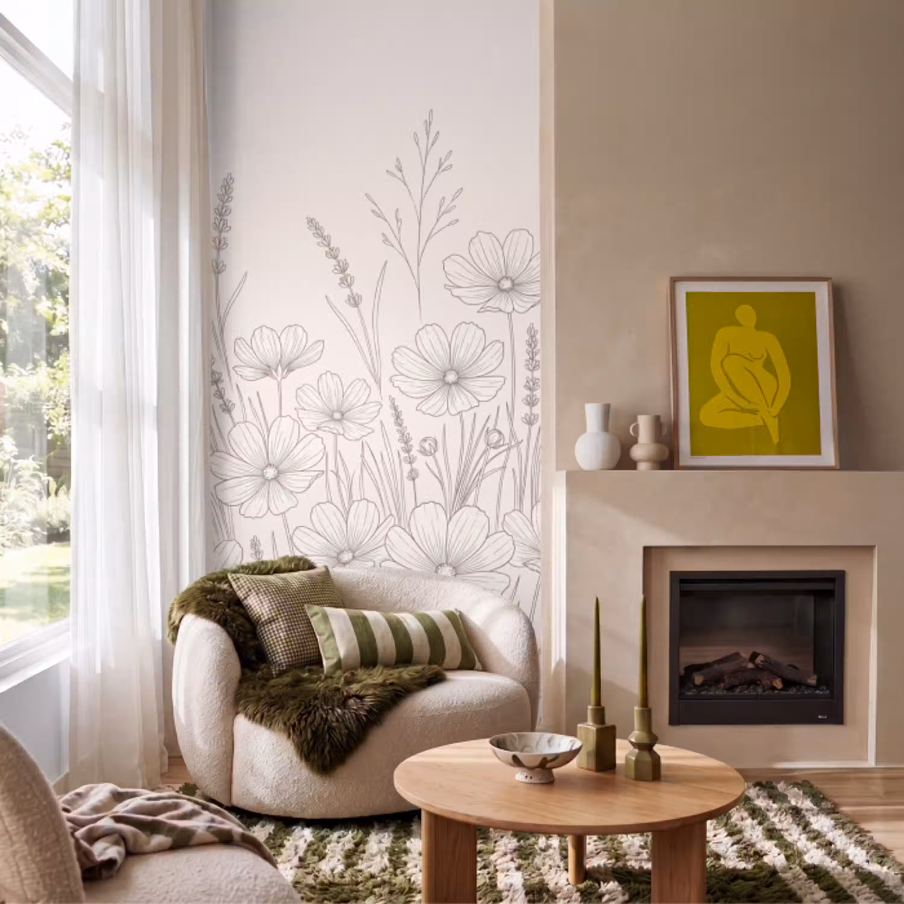 Minimalistisch - Modern - Bloemen - Beige Behang Vlies klein -sfeer2