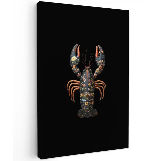 Kreeft - Zwart - Bloemenpatroon - Artistiek Tuinposter op houten frame 2 cm dik klein -3d