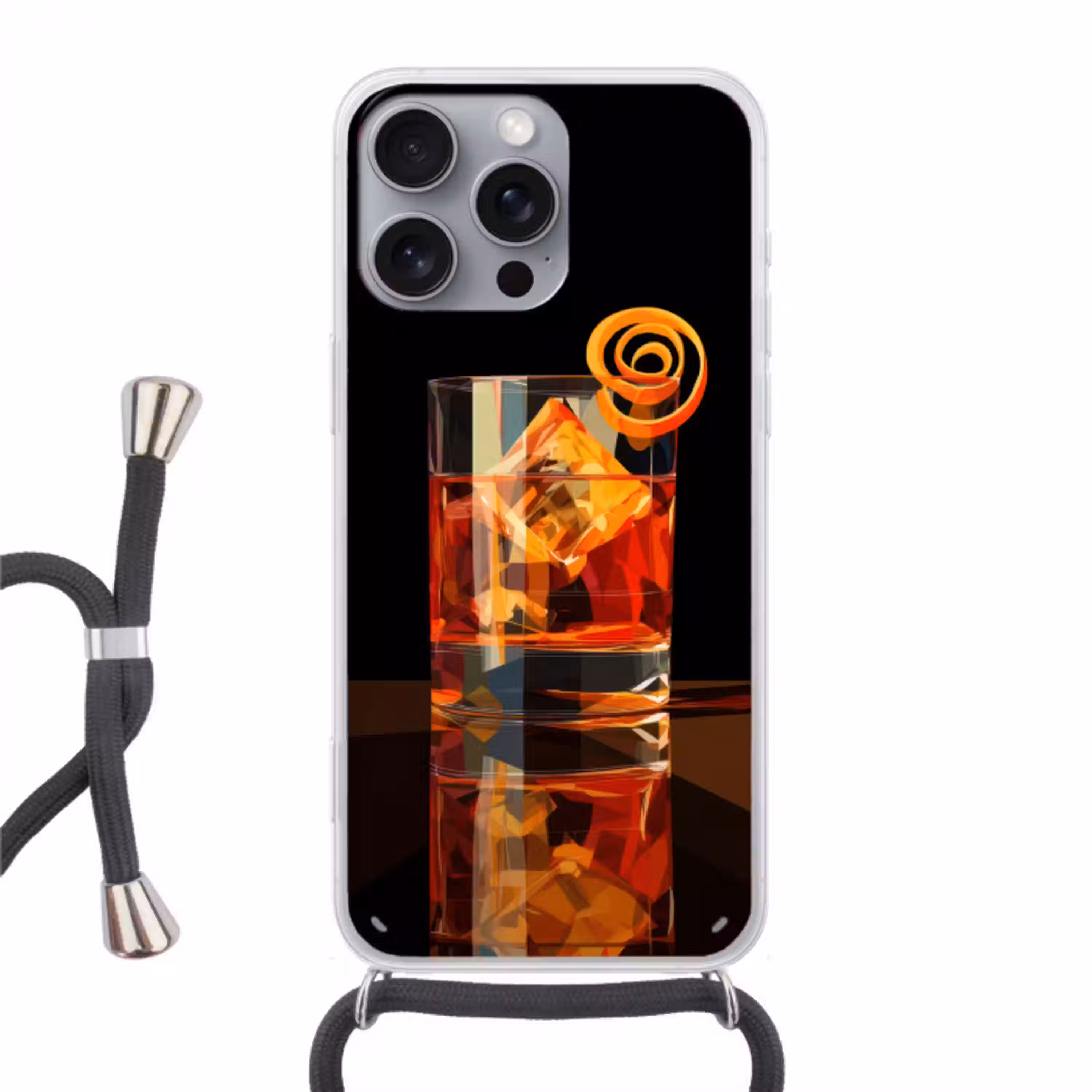 Glas - Ijsblokjes - Drinken - Bruin Hoesje iPhone 16 Pro Max met koord klein -3d